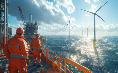 Two engineers in protective gear monitor offshore wind turbines, reflecting the high-level skills and commitment essential for marine environment maintenance.