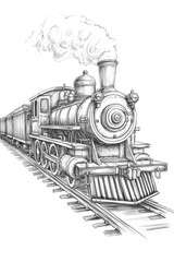A vintage steam locomotive, complete with a smokestack, chugs along railroad tracks surrounded by a timeless landscape, evoking an era of classic travel