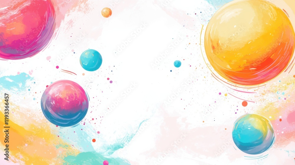 Poster vibrant abstract cosmic artwork featuring colorful planets and whimsical space elements in a soft pa