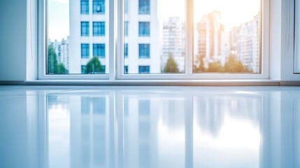 A bright space featuring a white floor and large window that offers a panoramic view of an urban skyline.