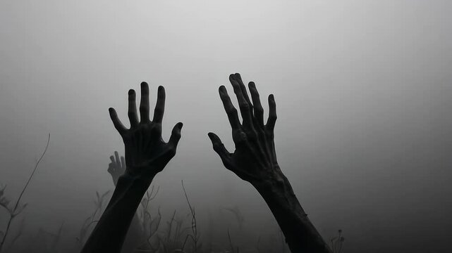 Silhouette of a zombies hands reaching angrily up on a foggy background