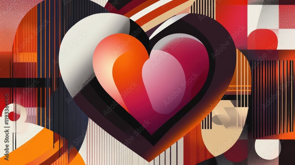 Poster valentines day card featuring a bold, modern design with geometric heart shapes, creating a dynamic 