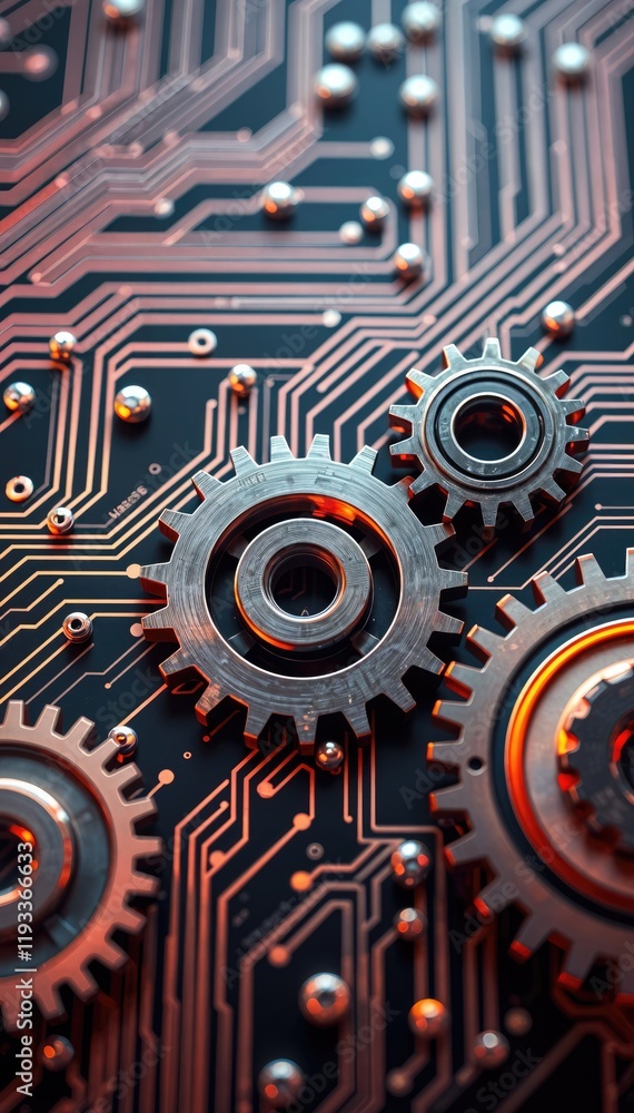 Poster Interlocking gears on circuit board symbolizing technology and mechanics