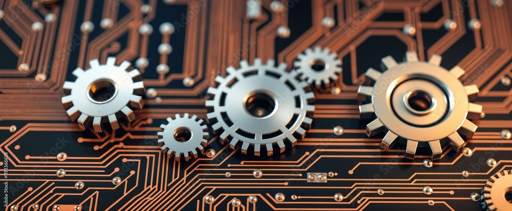 Poster metallic gears on circuit board symbolizing technological innovation and mechanics