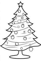 A simple outline drawing depicting a Christmas tree adorned with ornaments and a star at the top, perfect for holiday coloring activities