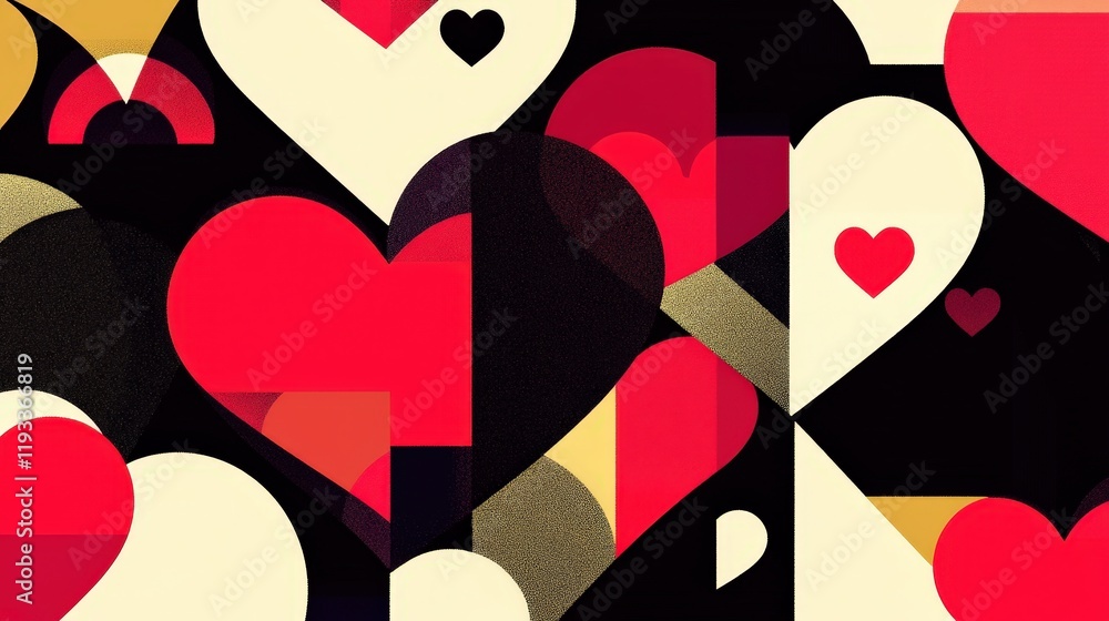Poster valentines day card featuring a bold, modern design with geometric heart shapes, creating a dynamic 