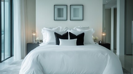A cozy room featuring a neatly made bed adorned with white sheets and pillows, creating a serene and inviting atmosphere for rest and relaxation.