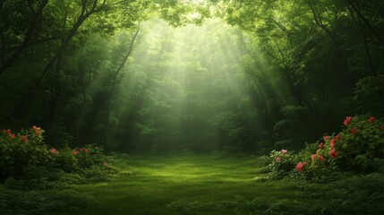 Obraz premium Enchanting Sunlit Forest Path Lush Green Trees Mystical Fog Vibrant Flowers