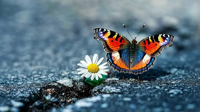 This serene video features a colorful butterfly close to a blooming daisy. It represents the beauty of nature thriving in unlikely settings. Ideal for nature photography. Generative AI