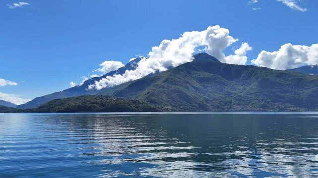 Drone flying over Lake Como, towards the Olgiasca frazione of the commune of Colico, Italy