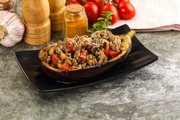 Baked eggplant stuffed meat and tomato