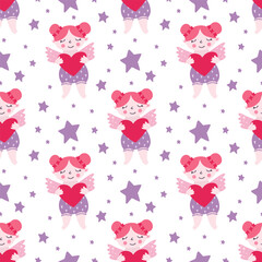 Angels and purple hearts, Valentine's Day, Scandinavian style, perfect for fabric, wrapping paper, textile, baby bedding, wallpaper, pajamas.