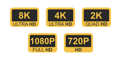 4K, 8K Ultra HD, 2K Quad HD, 1080 Full HD, 720P HD resolution icon isolated on white background ,vector illustration