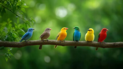 Obraz premium Five Colorful Birds Perched on Branch in Lush Green Nature