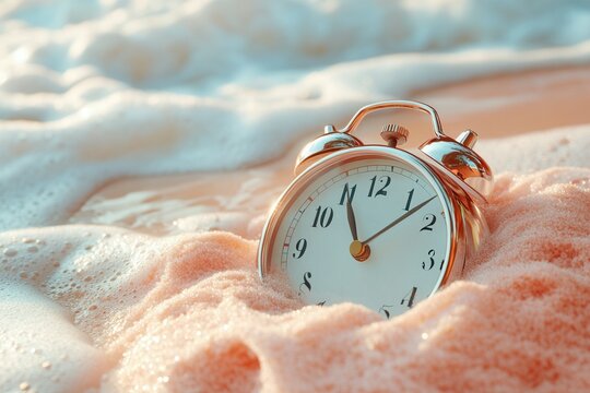 Vintage alarm clock partially submerged in ocean foam at sunrise.