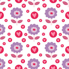 Purple flowers and hearts, Valentine's Day, Scandinavian style, perfect for fabric, wrapping paper, textile, baby bedding, wallpaper, pajamas.