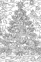 A detailed coloring page showcases a beautifully designed Christmas tree adorned with ornaments and surrounded by various holiday decorations in a playful style