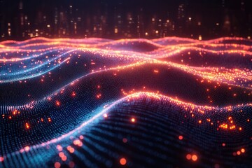 Obraz premium Dynamic waves of light flowing through a virtual landscape in a digital representation