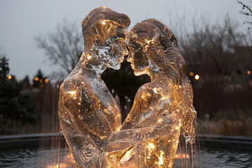 Two translucent figures embrace in a heartwarming scene, illuminated by soft lights, surrounded by a serene park atmosphere during twilight.
