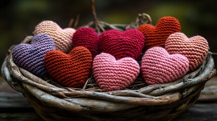 Charming Hand-Made Crochet Hearts Nestled in a Rustic Basket, Ideal for Crafting Workshops and Heartfelt Home Decor