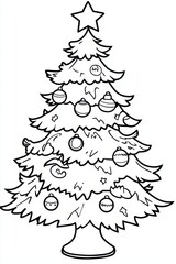Obraz premium A black and white illustration of a Christmas tree adorned with various ornaments, a star on top, and ready for coloring. Perfect for holiday creative activities