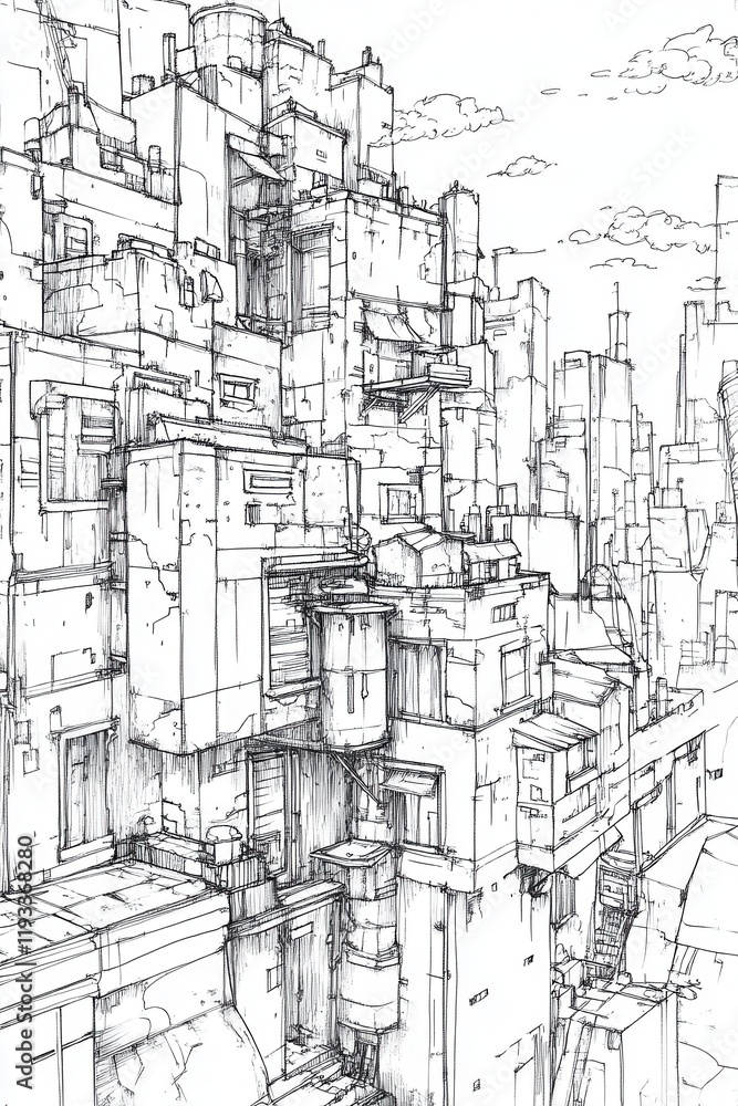 Poster a complex arrangement of stacked structures defines a futuristic urban skyline under a cloudy sky, h