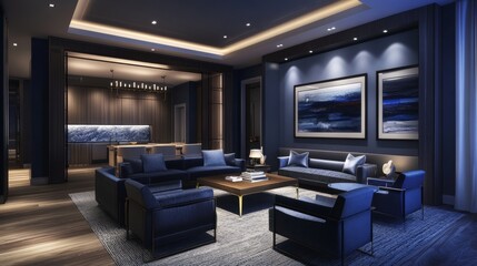 Deeply hued living room or reception area with navy and gray accents. Empty wall for artwork or decor. Luxurious furnishings create a sophisticated atmosphere.