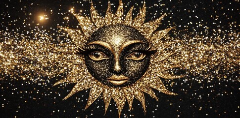 A Glittering Gold Sun Face Amidst Sparkling Dust