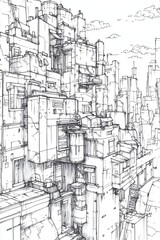 Obraz premium A complex arrangement of stacked structures defines a futuristic urban skyline under a cloudy sky, highlighting intricate details and unique designs