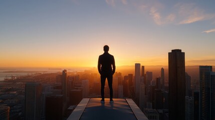 Fototapeta na wymiar Man Silhouetted Against Stunning Cityscape Sunset Urban Panorama View