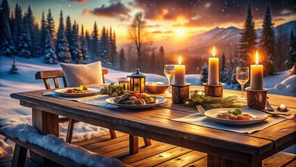 Obraz premium Cozy Winter Dinner: Candlelit Meal in Snowy Landscape