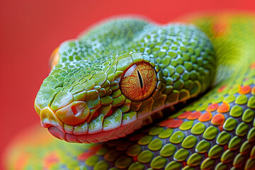 Obraz premium A green tree snake is coiled and perched against a striking red backdrop, emphasizing its bright scales and distinctive eye patterns, highlighting the beauty of this reptile.