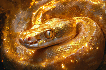 A golden snake is elegantly coiled, its scales reflecting light and creating a mesmerizing shimmer....