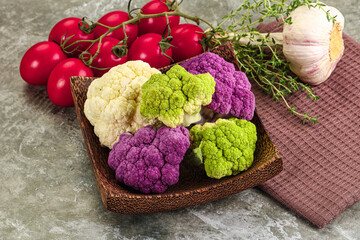 Raw cauliflower different colors heap