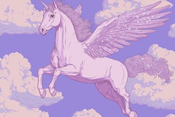 A cartoon-style baby pegasus with sparkling wings flying through clouds