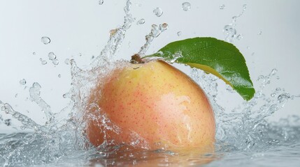 Guava fruit colliding with water, splashing droplets, isolated on white.