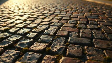 Cobblestone Pathway Illuminated by Golden Hour Sunlight, Showing Detailed Texture and Small Plants Growing Between Stones