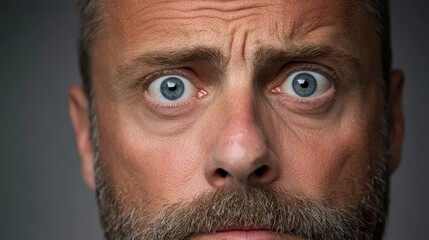 Obraz premium Startled Look: A close-up portrait captures a man's face contorted in a moment of surprise, his wide blue eyes staring directly at the viewer, conveying a sense of shock and disbelief. 