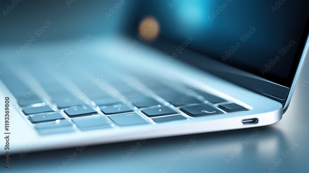 Poster a close-up view of a laptop computer placed on a wooden table, showcasing its sleek design and moder