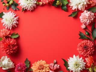 Red Background Floral Frame Dahlias Flowers Botanical Spring Summer Bloom Arrangement Festive