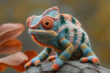 Obraz premium A vibrant knitted chameleon toy sits on a log, showcasing its intricate design. Surrounding leaves reflect shades of autumn, enhancing the playful atmosphere for children's creativity.