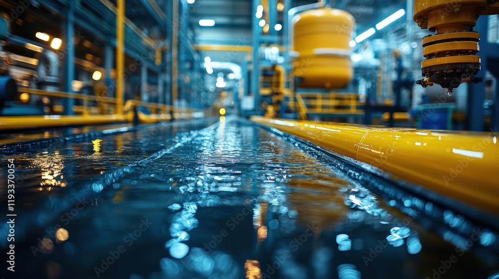 Poster industrial water flow in modern factory with illuminated pipes and equipment showcasing advanced man