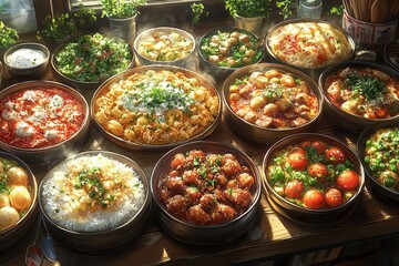 Delicious assortment of traditional dishes displayed on a wooden table in a warm, inviting setting