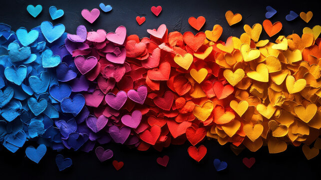A vibrant array of hearts in rainbow colors creates a festive atmosphere, celebrating love and acceptance in a joyful representation of the LGBT community, adorned with valentine motifs.