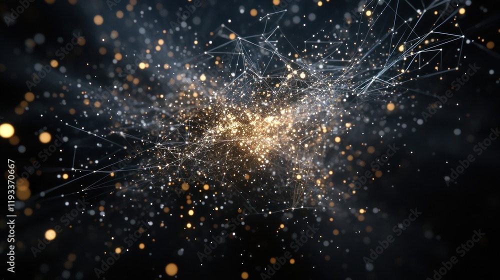 Poster abstract network connections golden particles illuminated in dark space digital art