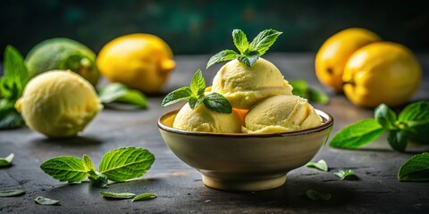 Creamy Lemon Custard Ice Cream with Mint – Delicious Summer Dessert Stock Photo