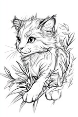 A playful kitten explores its natural surroundings, partially hidden among leafy plants, highlighting its inquisitive expression and fluffy fur