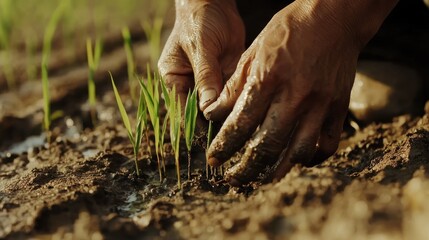 A close-up of a farmer's hands planting rice seedlings, showcasing the connection to the earth in a documentary style