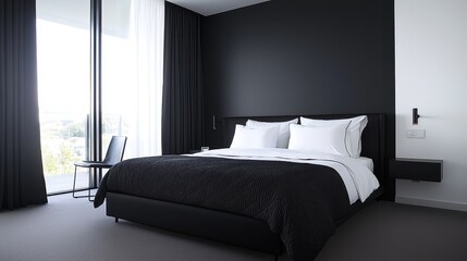 Modern and Stylish Hotel Bedroom Featuring Minimalist Design, Elegant Black Accents, Soft White Bedding, Floor-to-Ceiling Windows, and Sleek Furniture for a Chic Ambiance