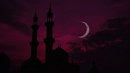 Minimalist Crescent Moon Over Mosque Silhouette at Twilight
